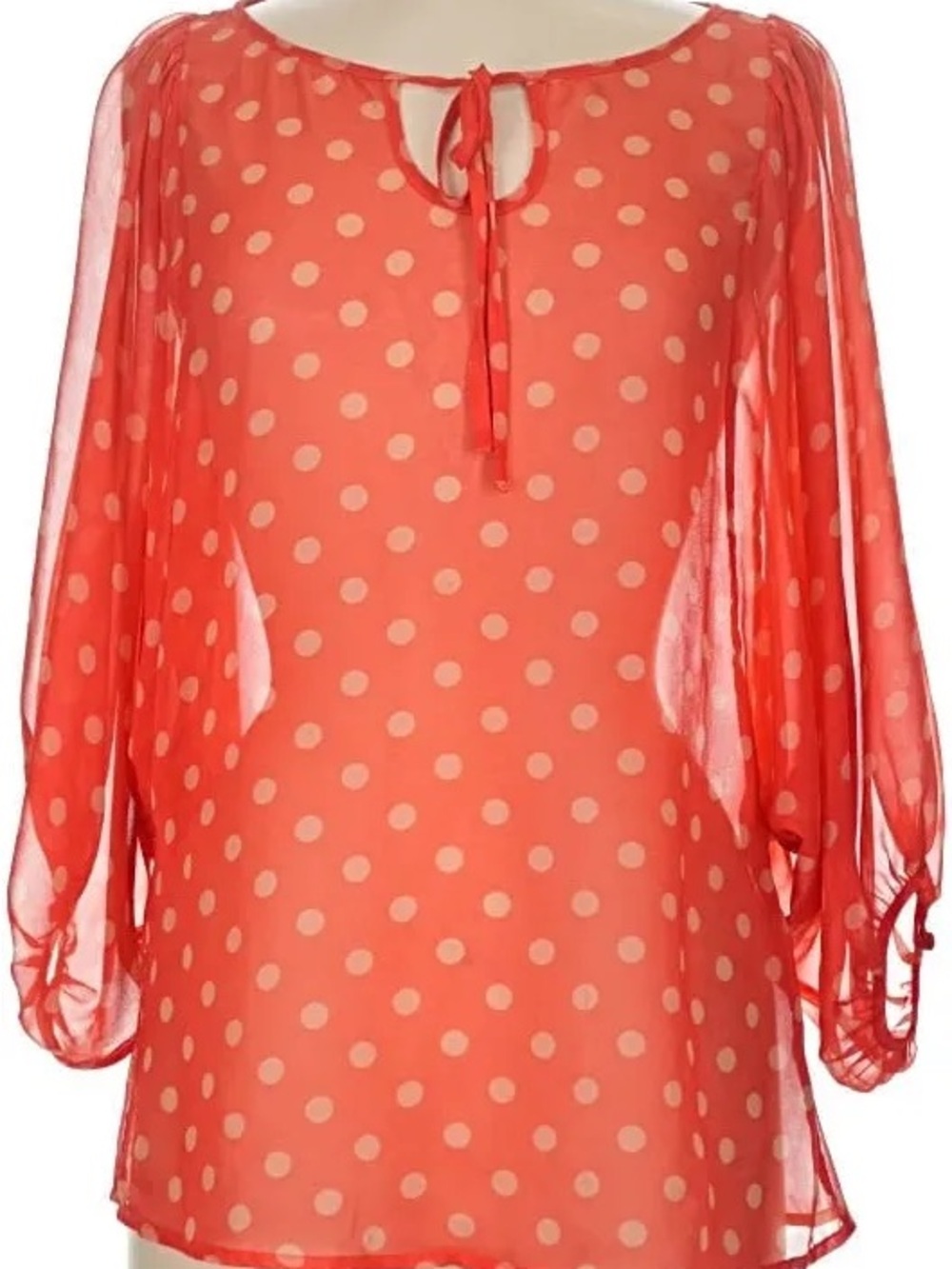 Karen Walker Coral Polka Dot Sheer Tie-Neck Blouse